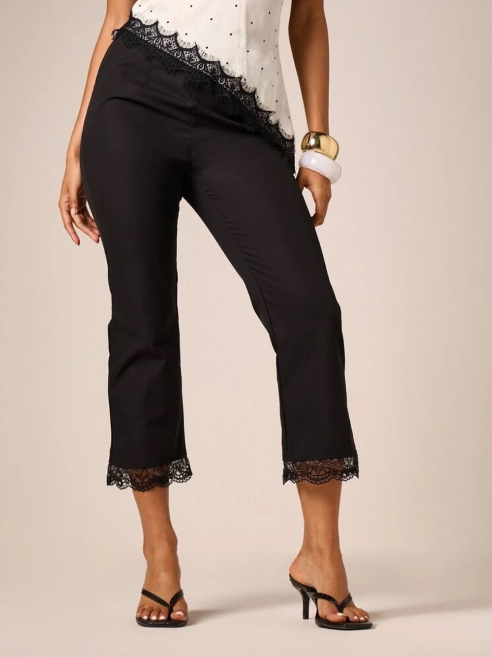 Black Lace-Hem Cropped Pants
